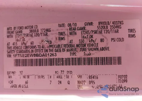 2011 Ford E-250 Commercial z USA, uszkodzony, nr VIN 1FTNE2EW8BDA01263